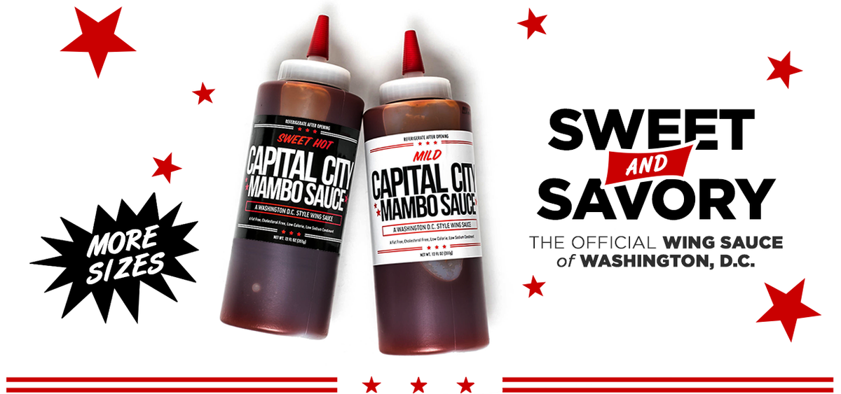 Capital City Mambo Sauce Bottles Surrounded by stars. Sweet And Savory. The Official Wing Sauce of Washington DC
